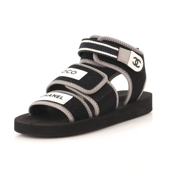 Chanel Women's Coco Velcro Strap Sandals Technical Fabric with Leather Black - Picture 1 of 4